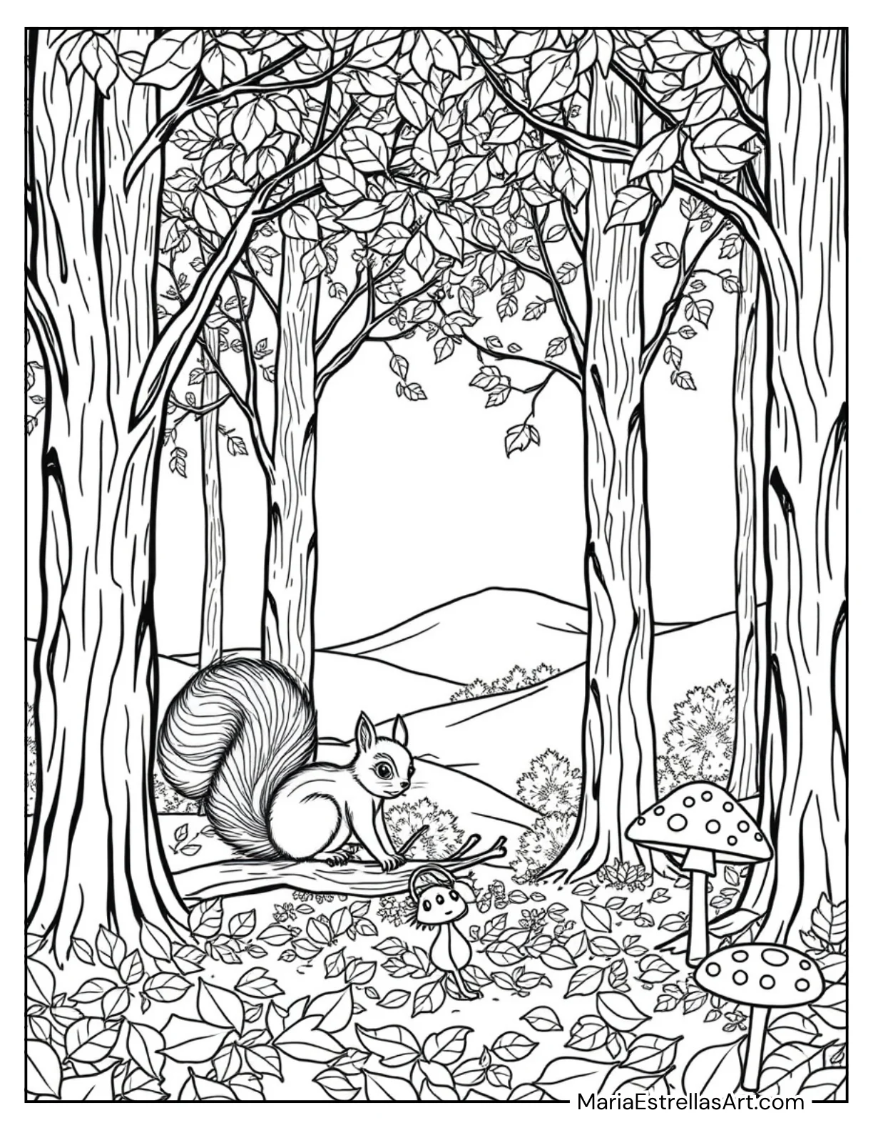 Fall Forest with Crunchy Leaves Coloring Page