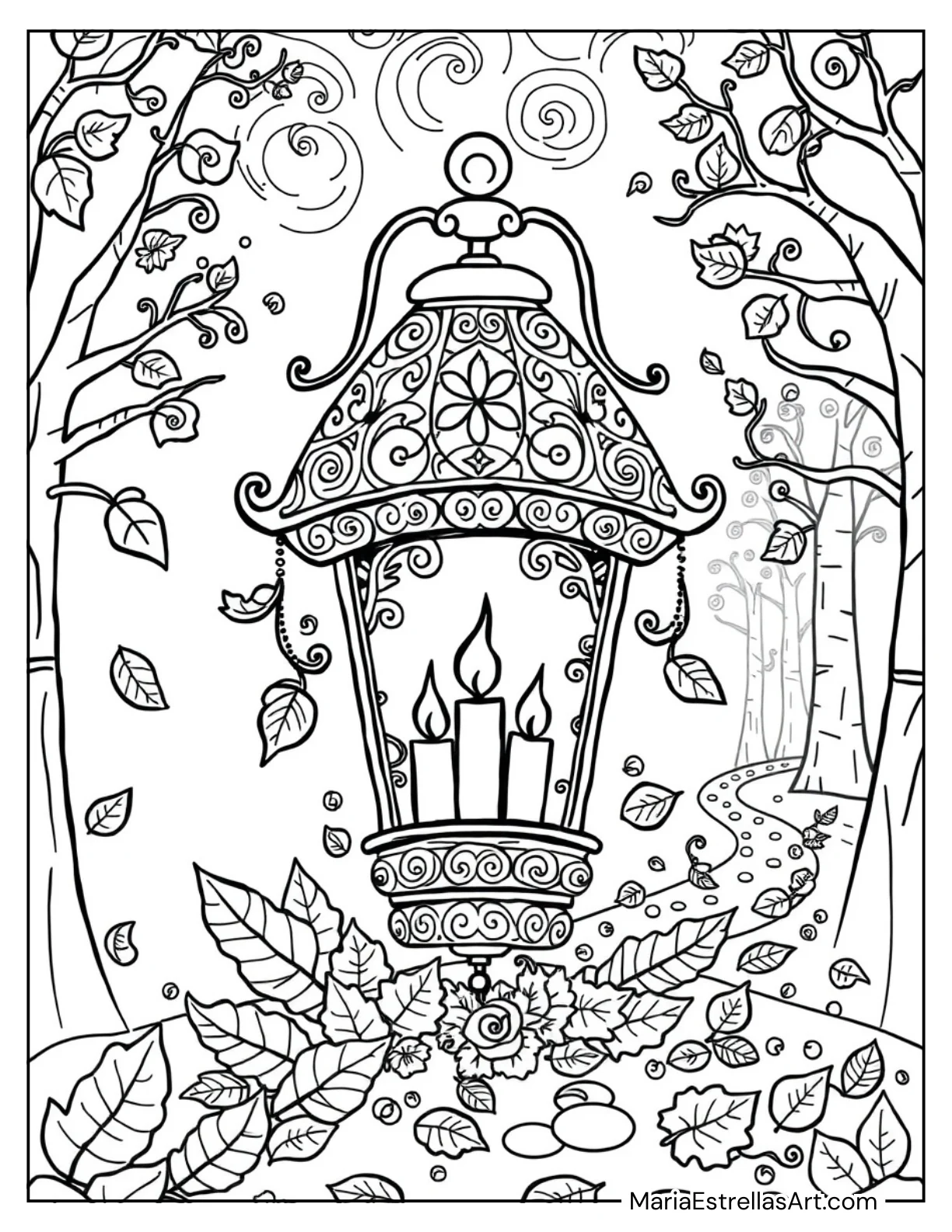 Fall Lantern with Leaves and Candles for Kids to Color