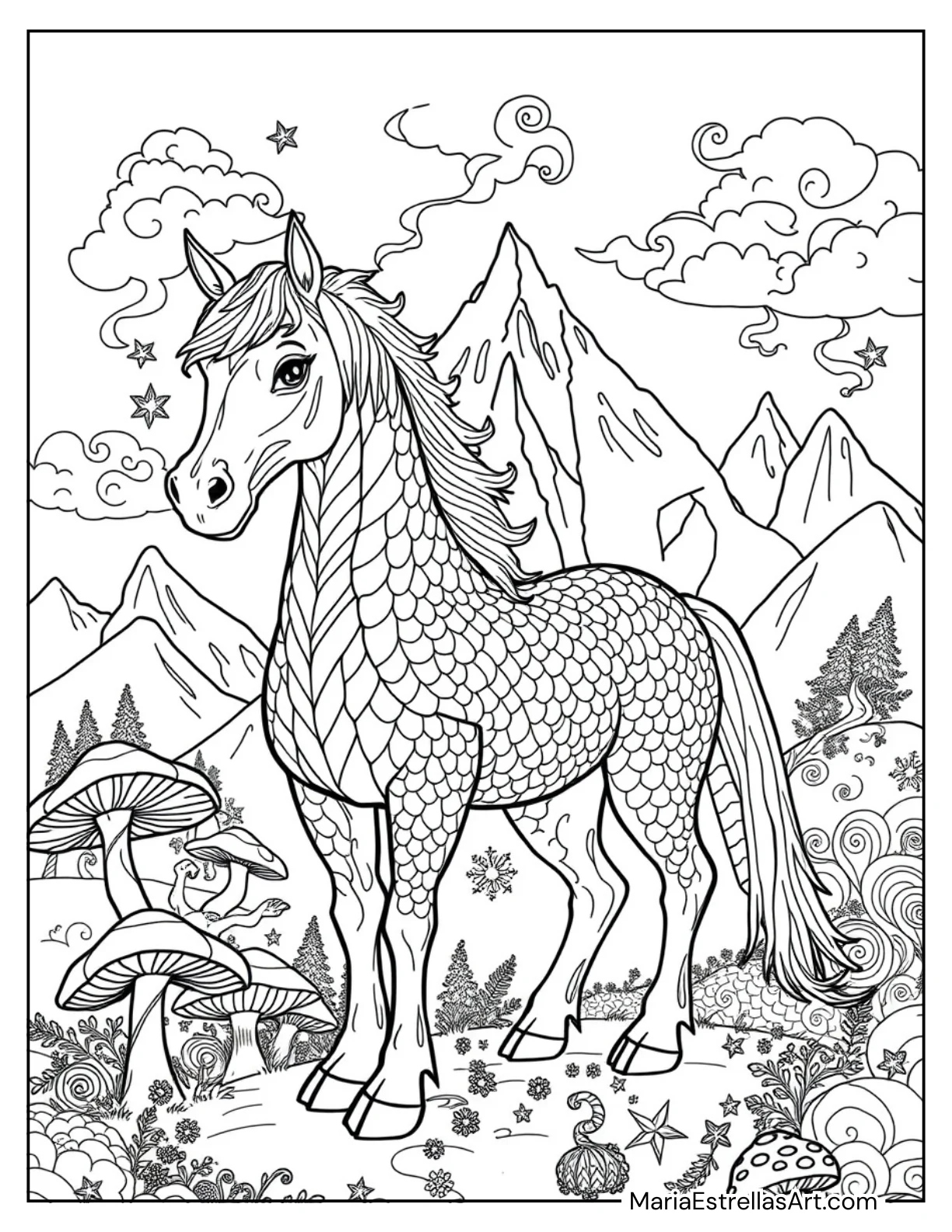 Fantasy Horse With Dragon-Like Features Coloring Sheet