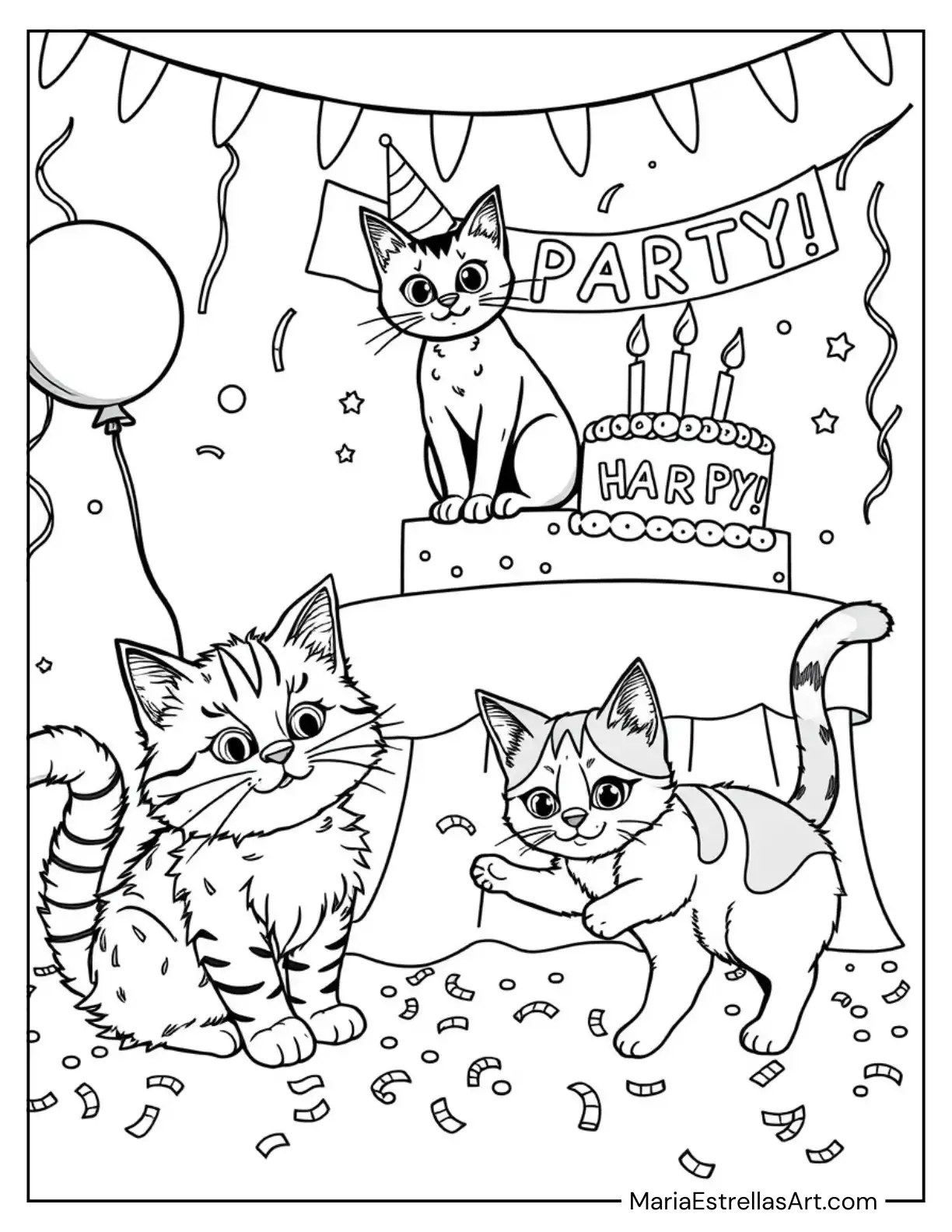 Festive Cats and Party Time Coloring Page