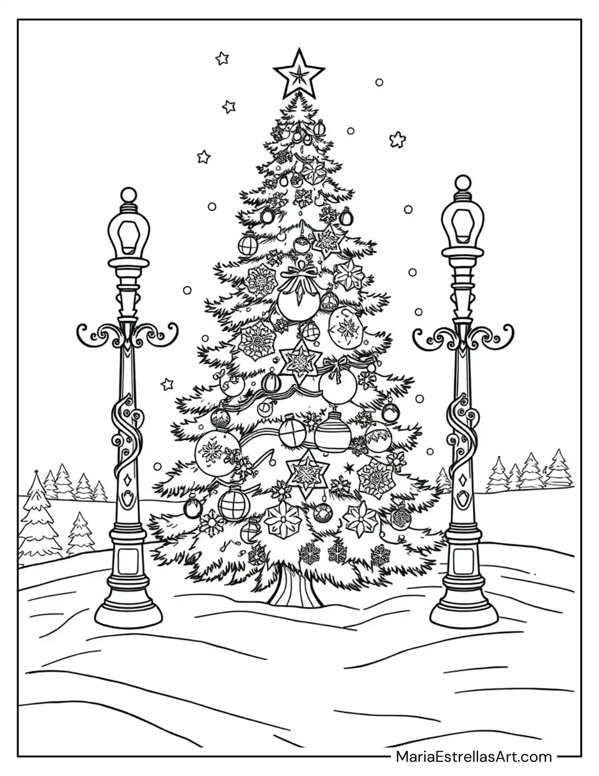 Festive Christmas Tree in Snow with Glowing Lamp Posts Coloring Sheet