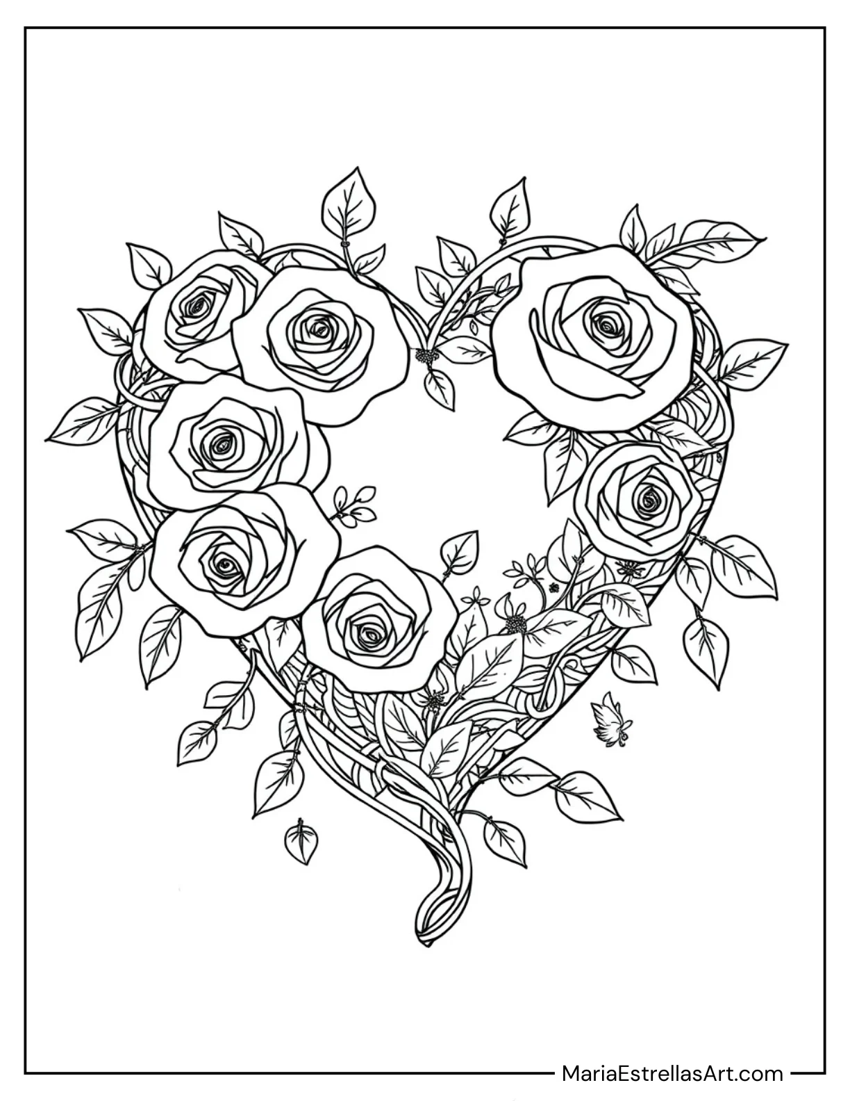 Floral Heart Made of Roses and Vines Coloring Page