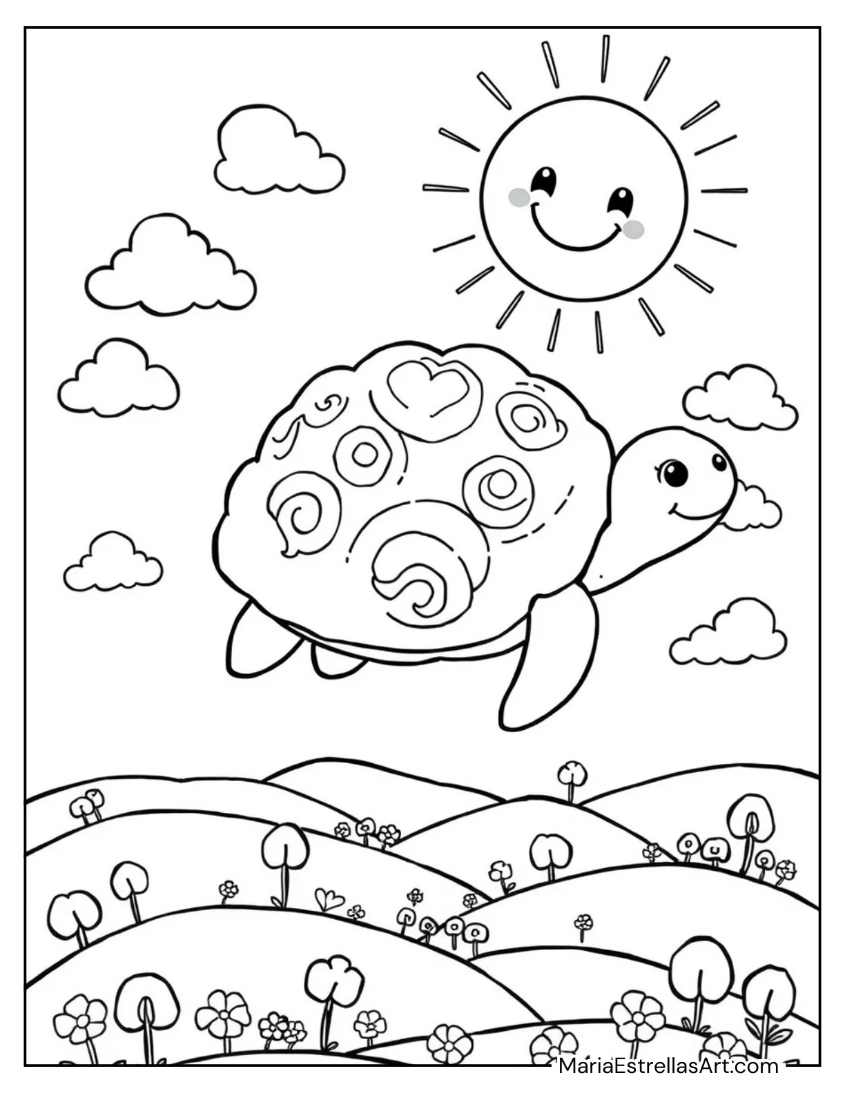 Fluffy Cloud Turtle Floating in the Sky Coloring Page