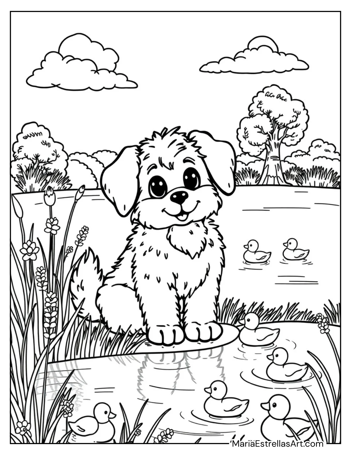 Fluffy Dog by the Pond for Kids to Color