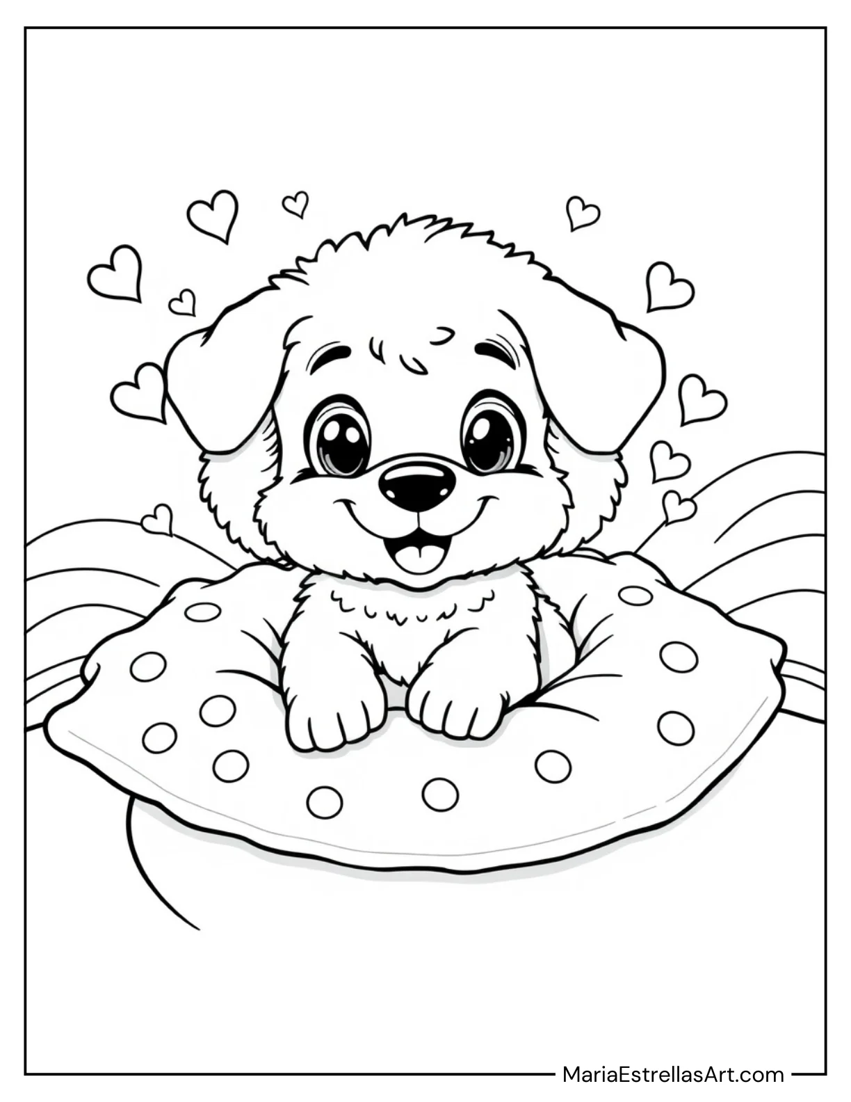 Fluffy Puppy Sitting on a Pillow Coloring Sheet