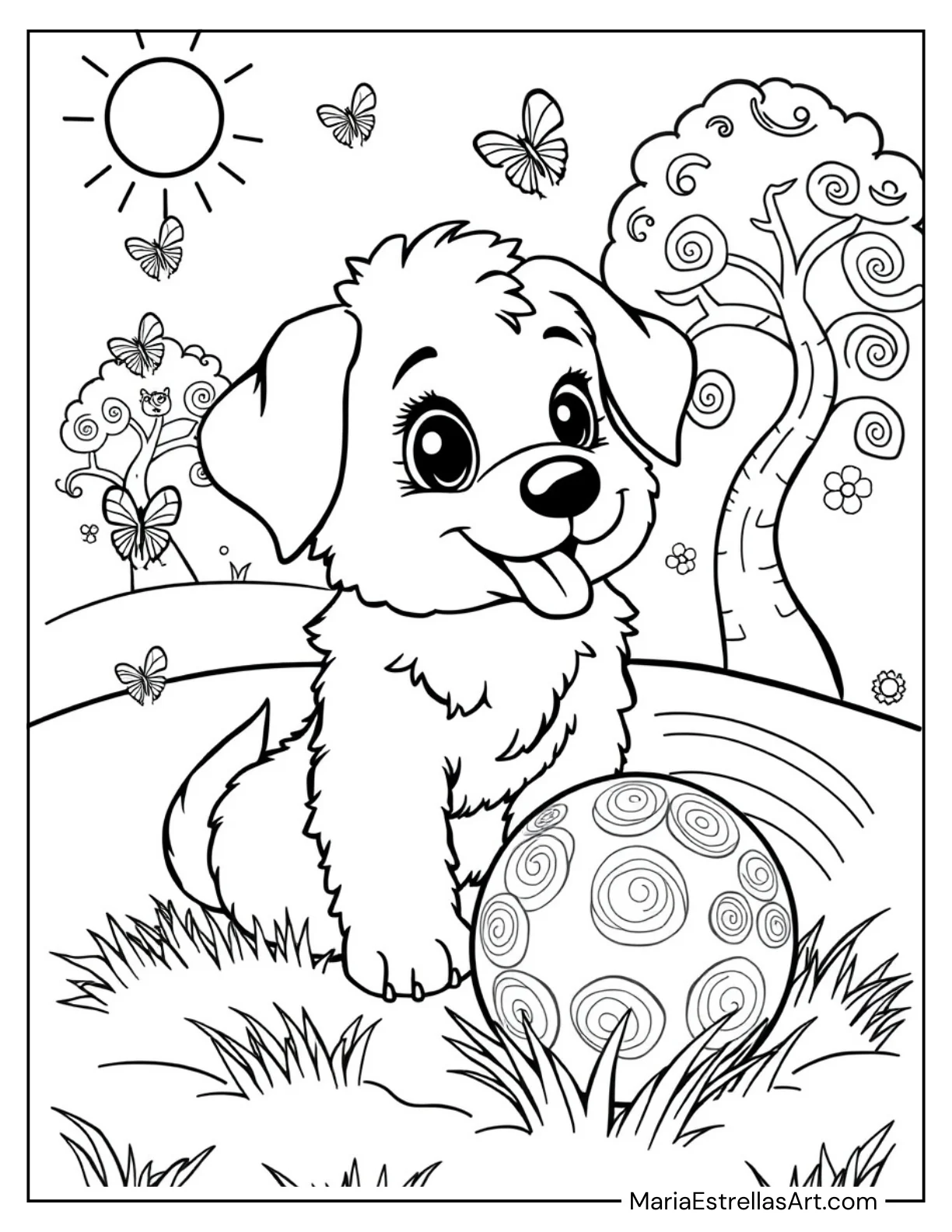 Fluffy Puppy with a Ball Coloring Sheet