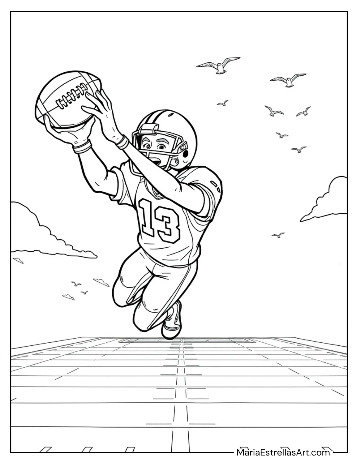 Football Player Diving to Make an Incredible Catch Coloring Sheet