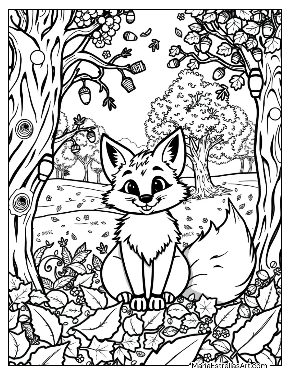 Fox in a Fall Forest Coloring Sheet