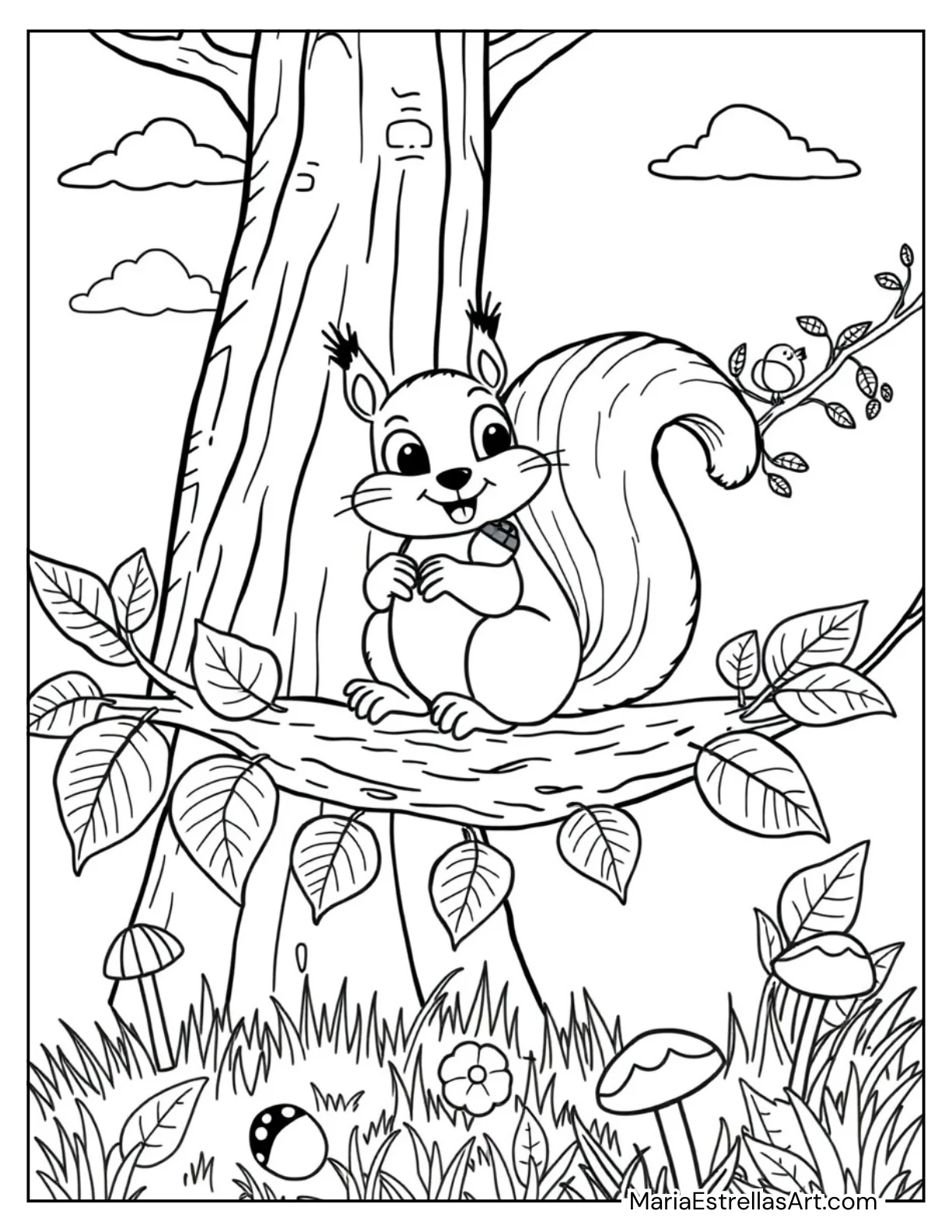 Friendly Squirrel with Acorns Spring Coloring Page