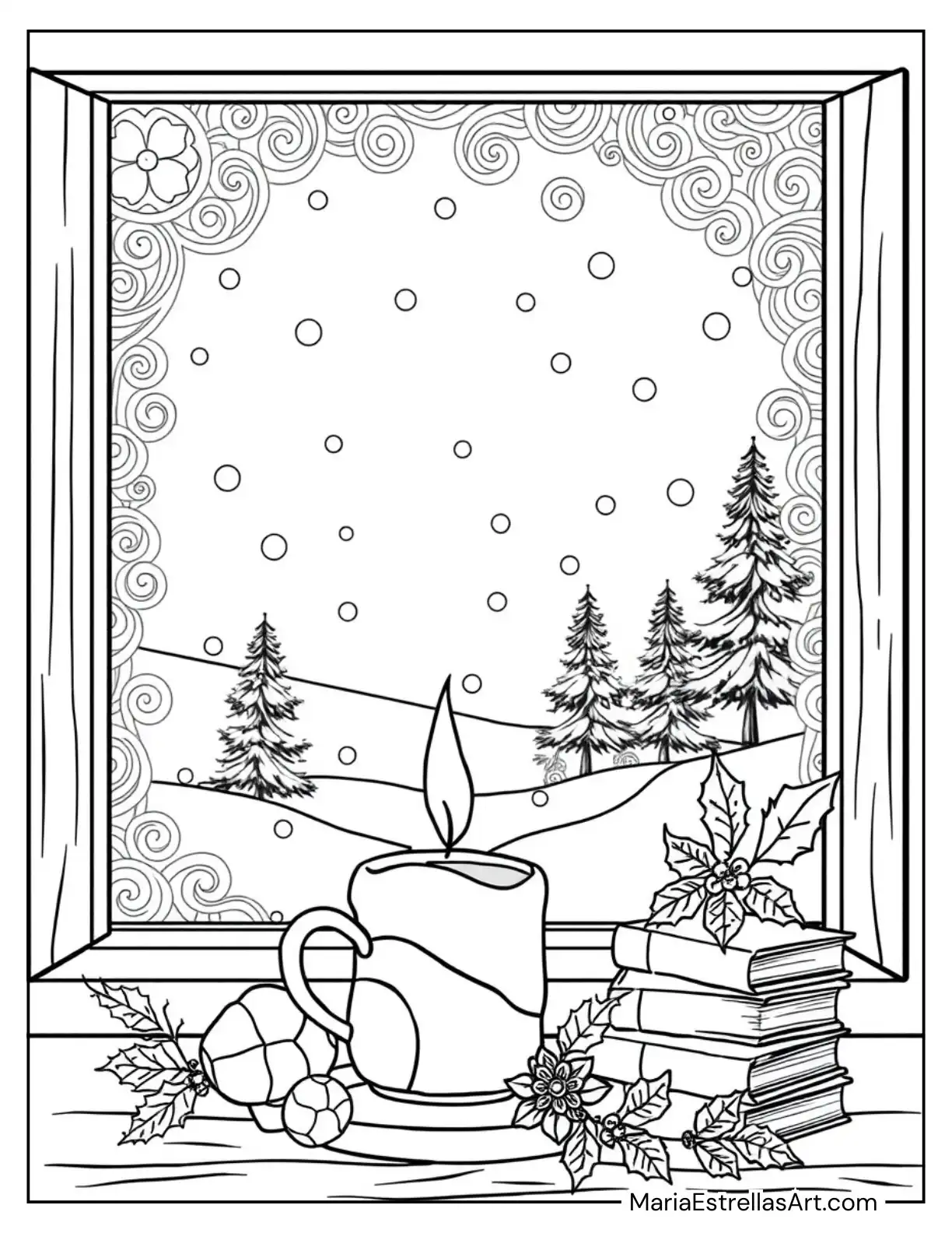 Frost Covered Window with Candlelight Coloring Page