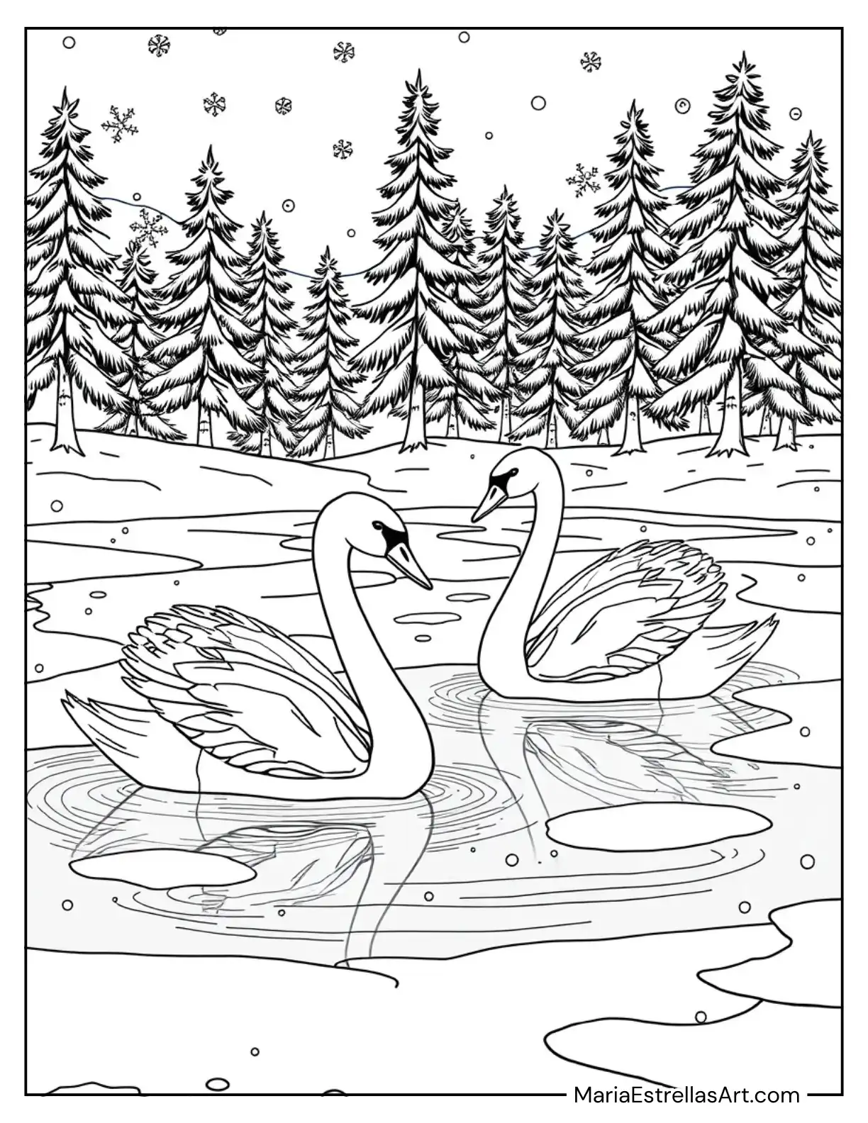 Frozen Pond with Swans and Snowflakes