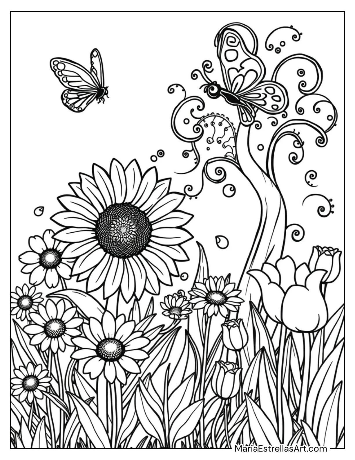 Garden Scene Surrounded by Blooming Flowers Aesthetic Spaces Coloring Page