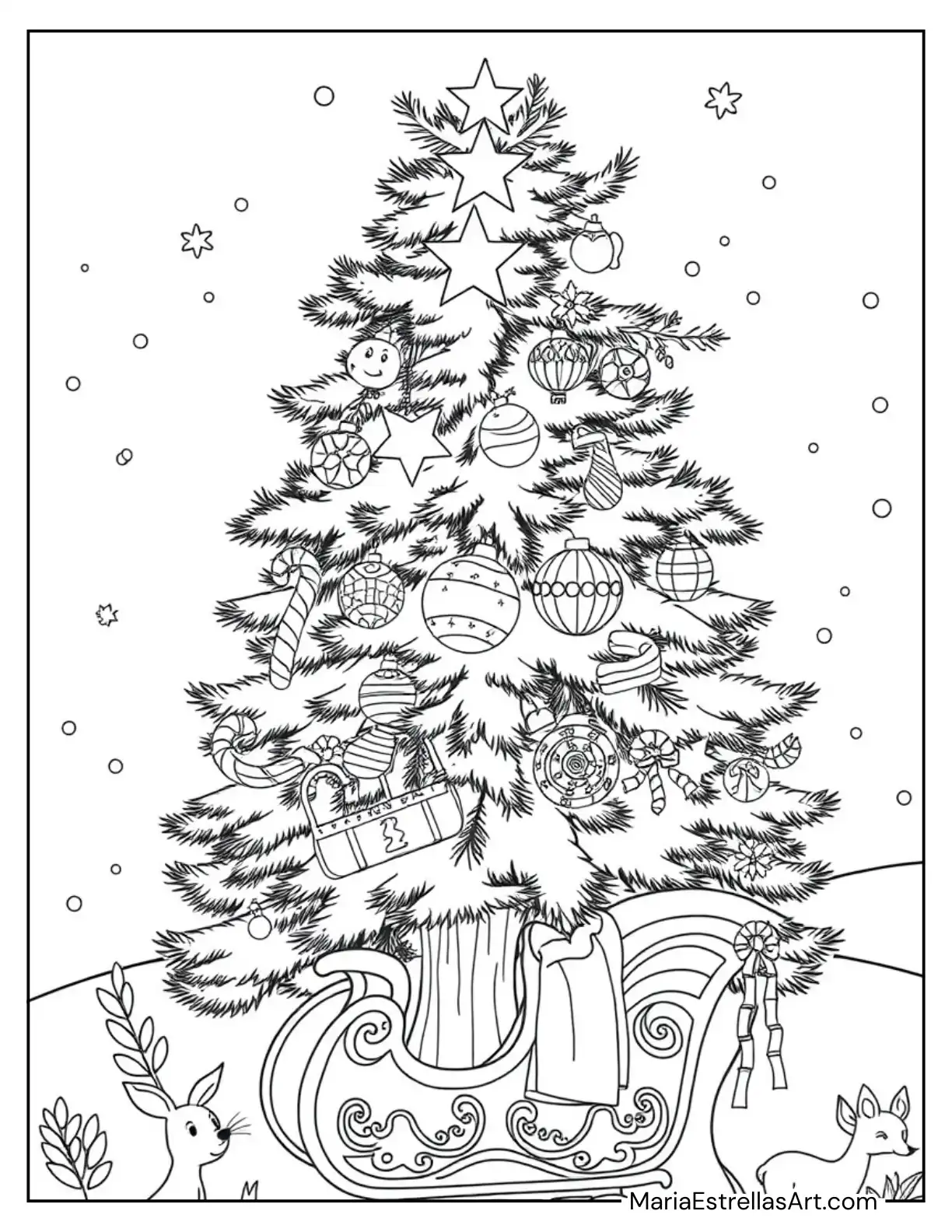 Giant Christmas Tree with a Sleigh Coloring Sheet