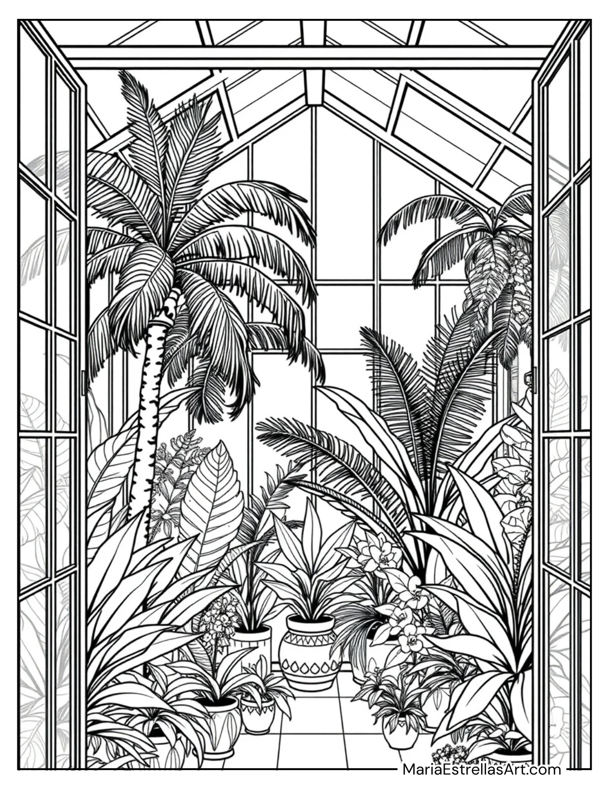 Glasshouse Filled With Tropical Plants Aesthetic Spaces Coloring Page