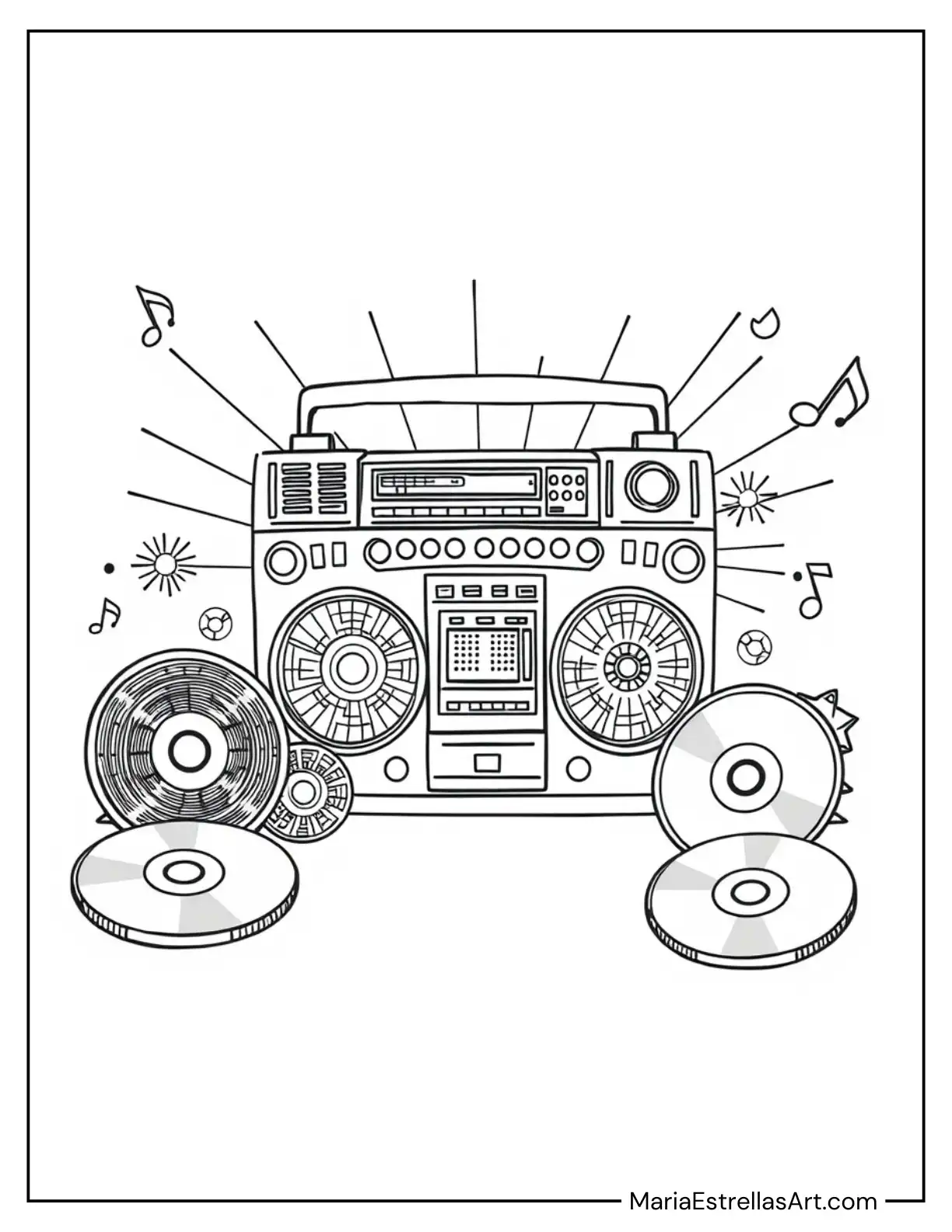 Glittery Y2K Boom Box Surrounded by CDs Coloring Page