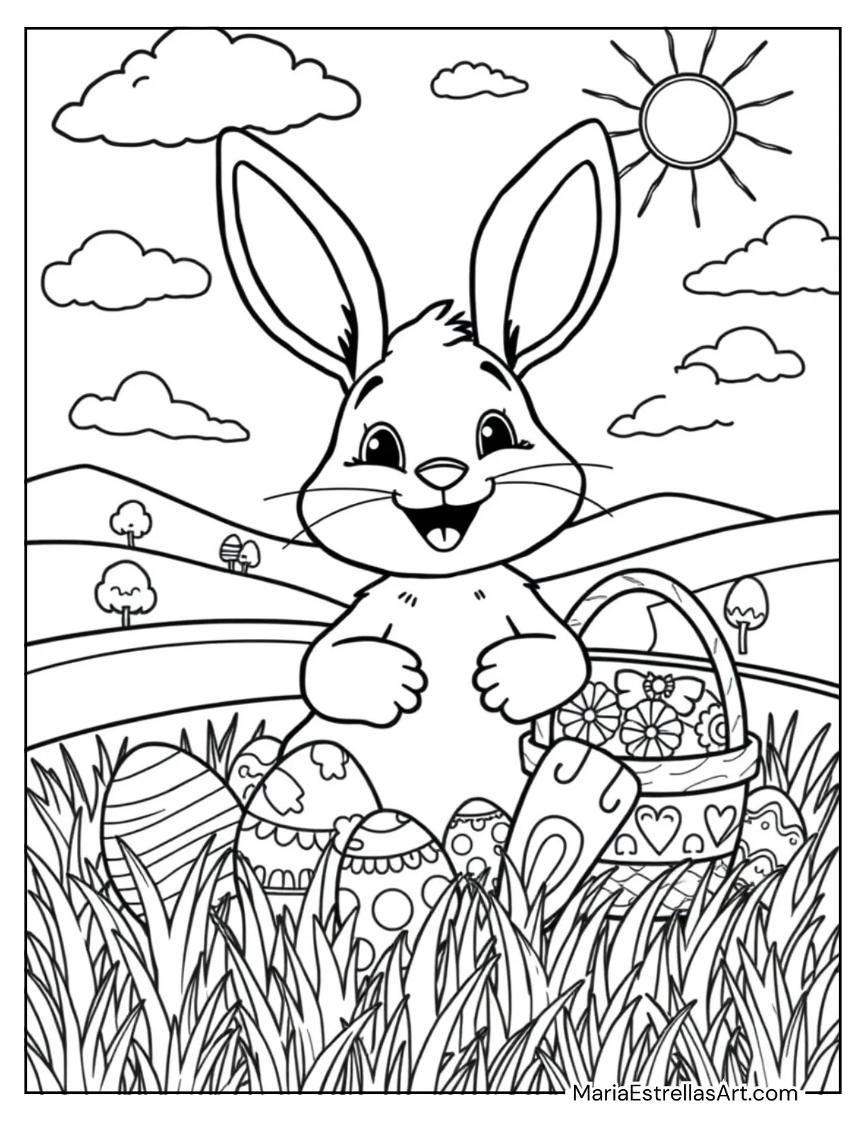 Happy Bunny with Easter Eggs Coloring Page