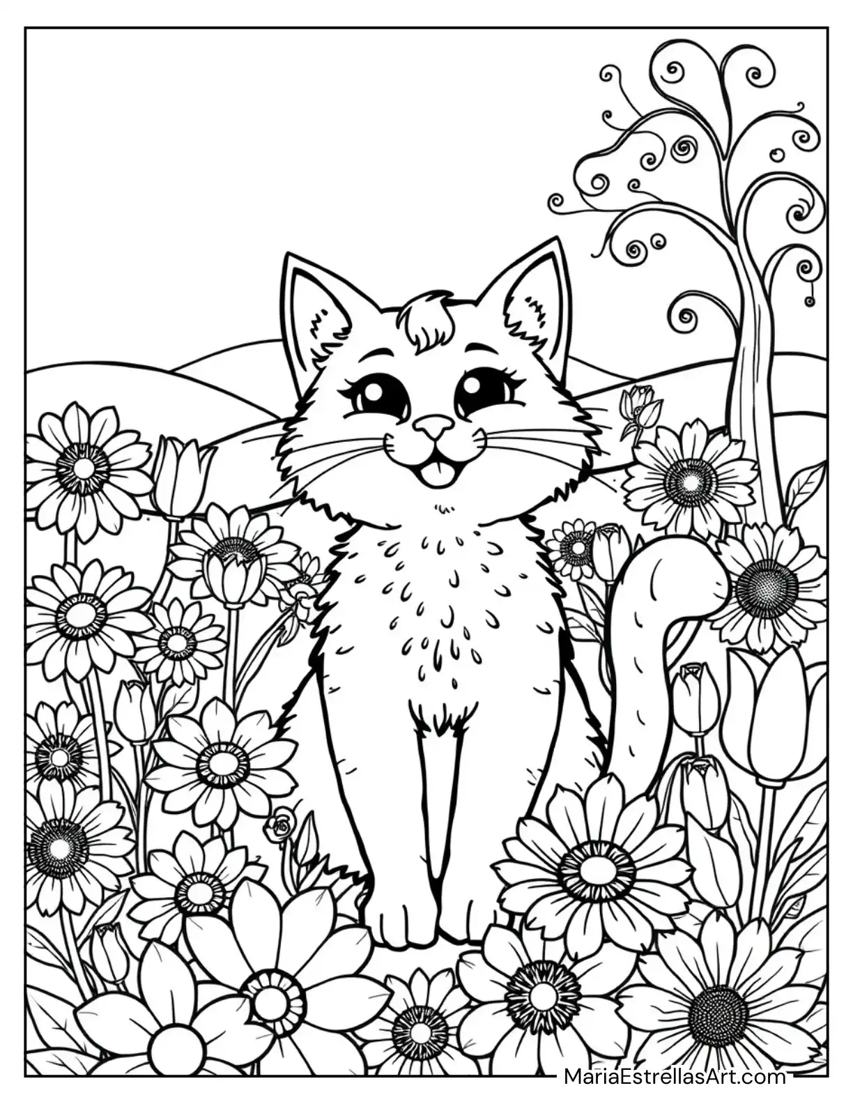 Happy Cat and Pretty Flowers