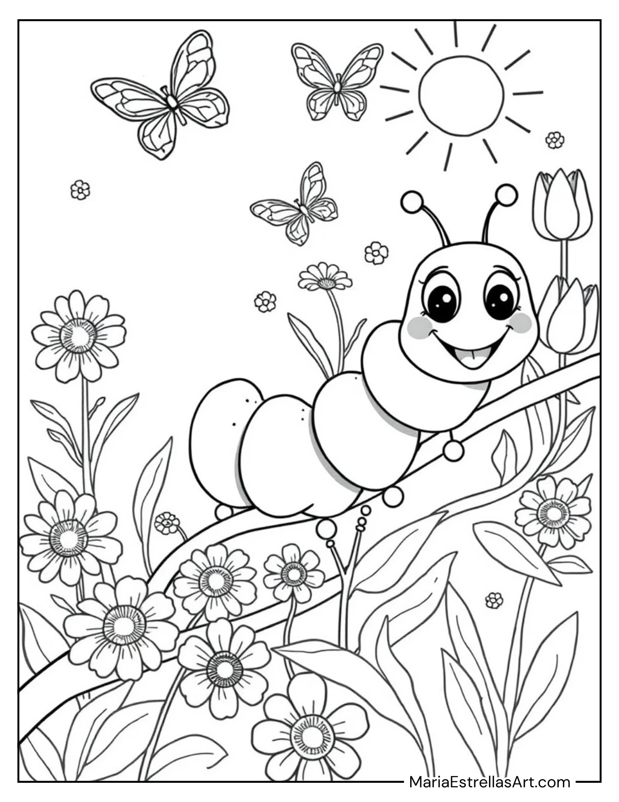 Happy Caterpillar with Flowers Coloring Sheet