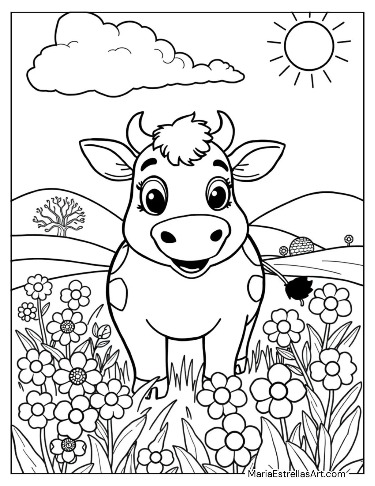 Happy Cow Grazing Coloring Sheet