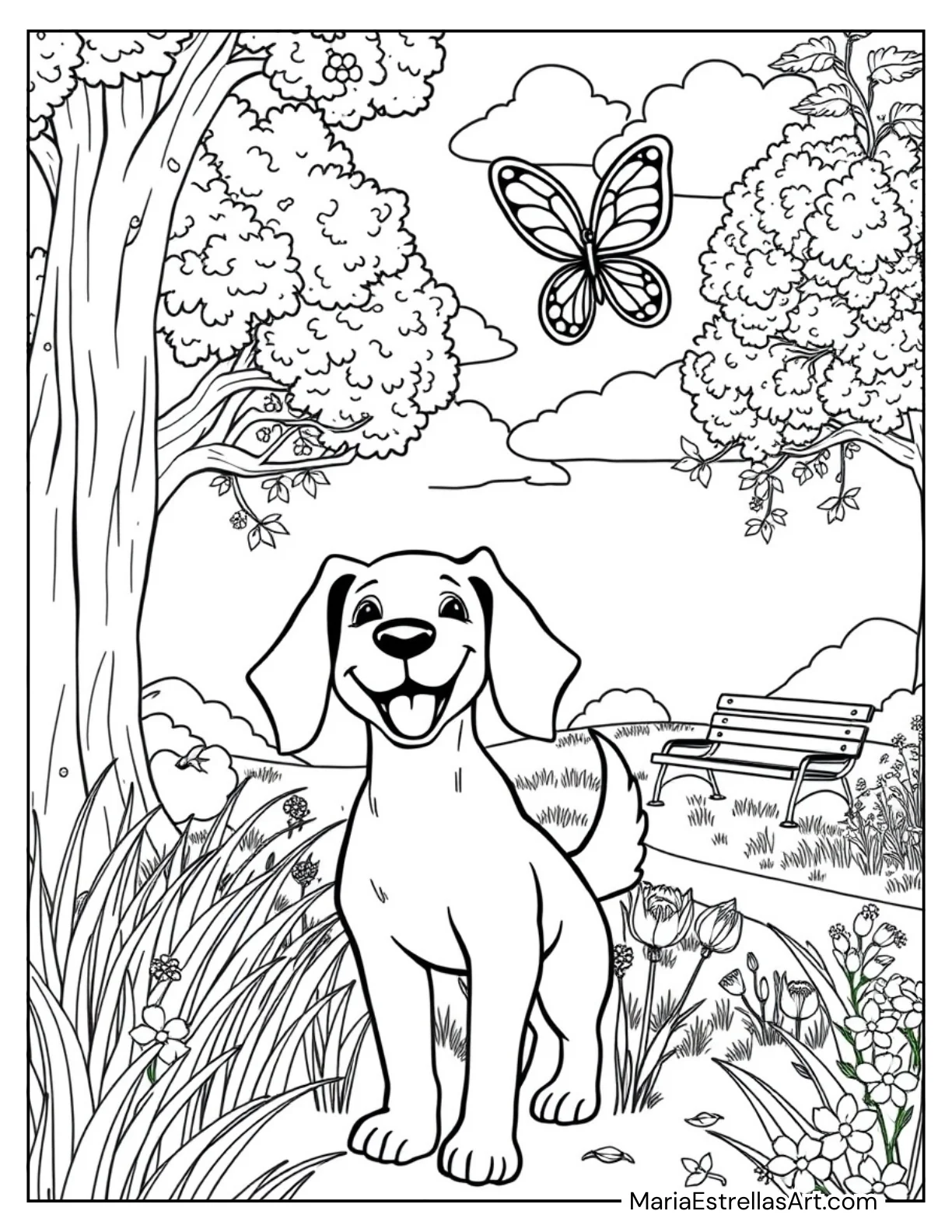 Happy Dog at the Park Coloring Sheet