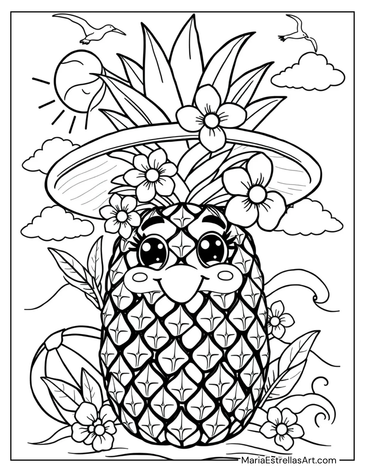 Happy Pineapple with a Beach Hat Coloring Page