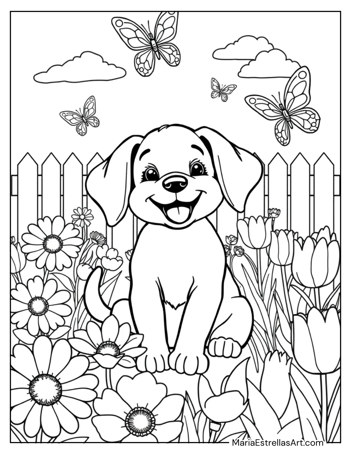 Happy Puppy and Butterfly Garden Coloring Sheet