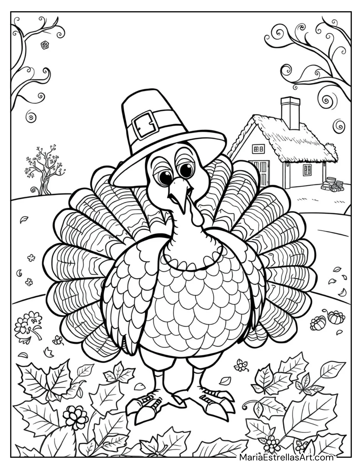 Happy Turkey Wearing a Pilgrim Hat Coloring Page