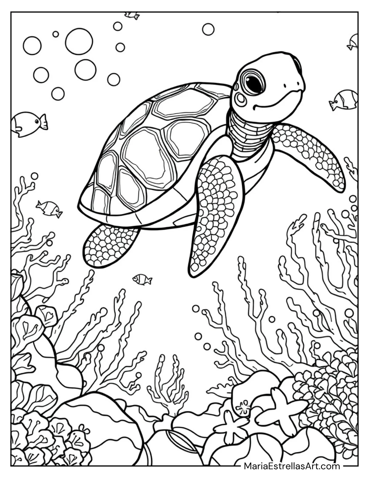 Happy Turtle Swimming in the Ocean Coloring Page