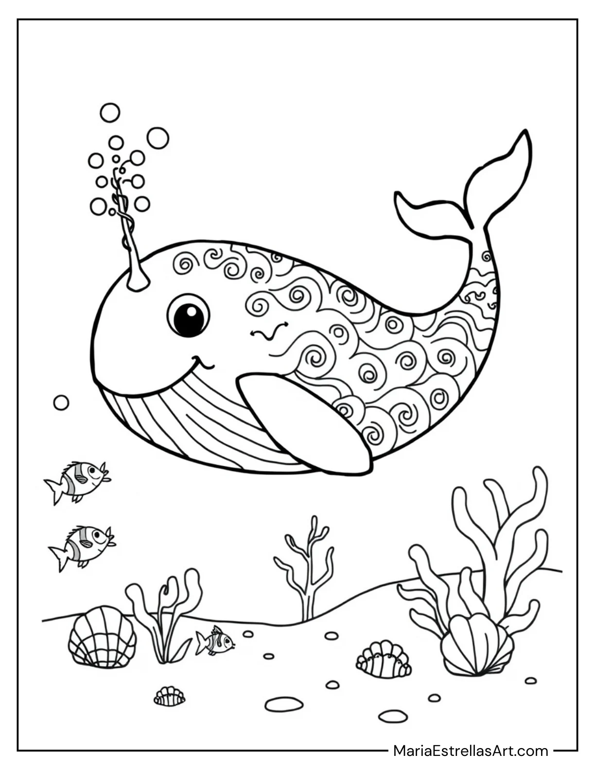 Happy Whale Blowing Water Bubbles Coloring Page