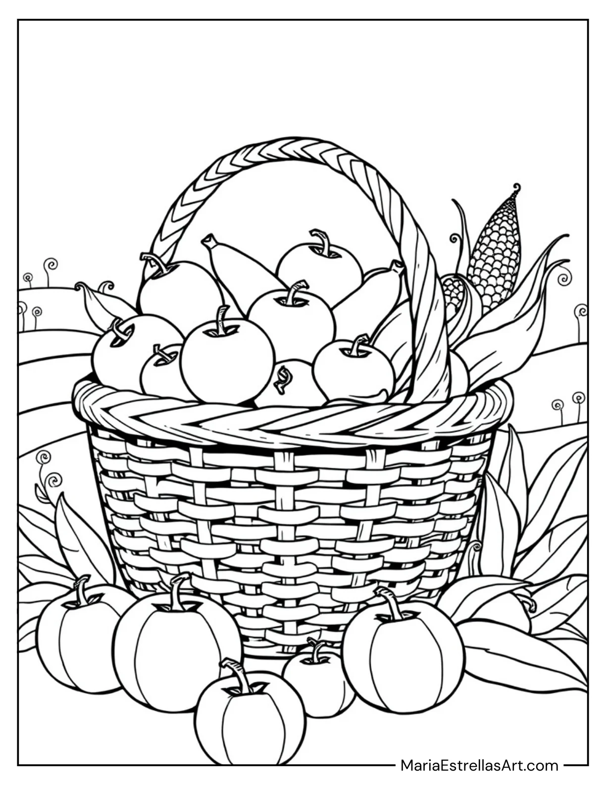 Harvest Basket Filled With Corn, Apples, and Squash Coloring Page