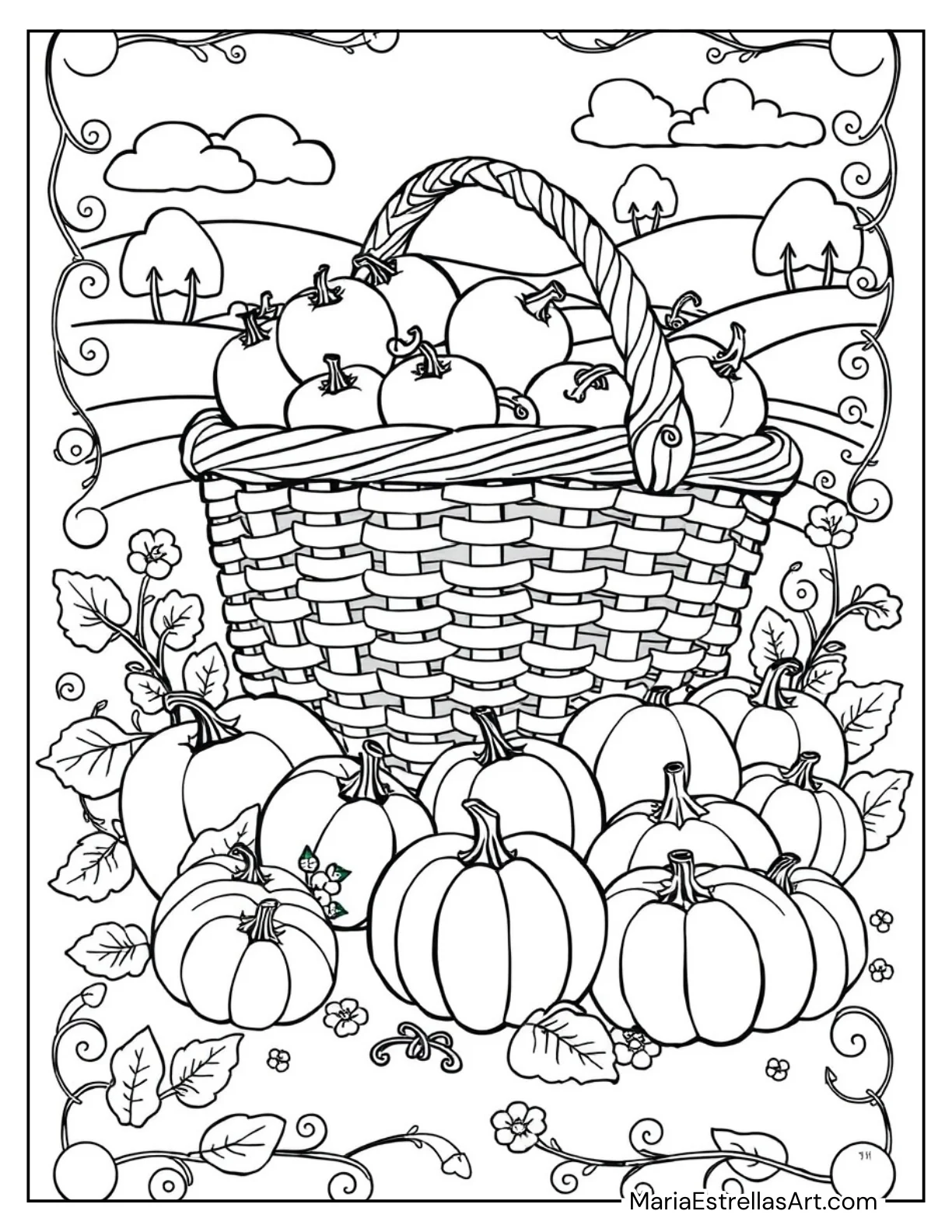 Harvest Basket with Apples and Pumpkins