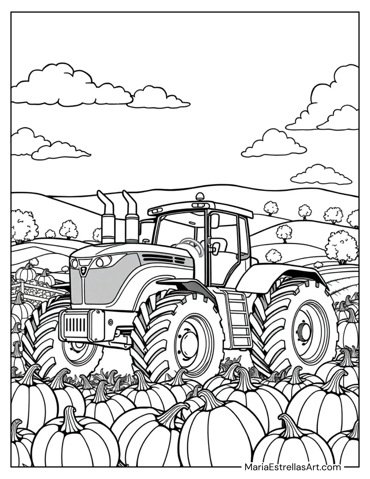 Harvest Scene With a Tractor and Piles of Pumpkins