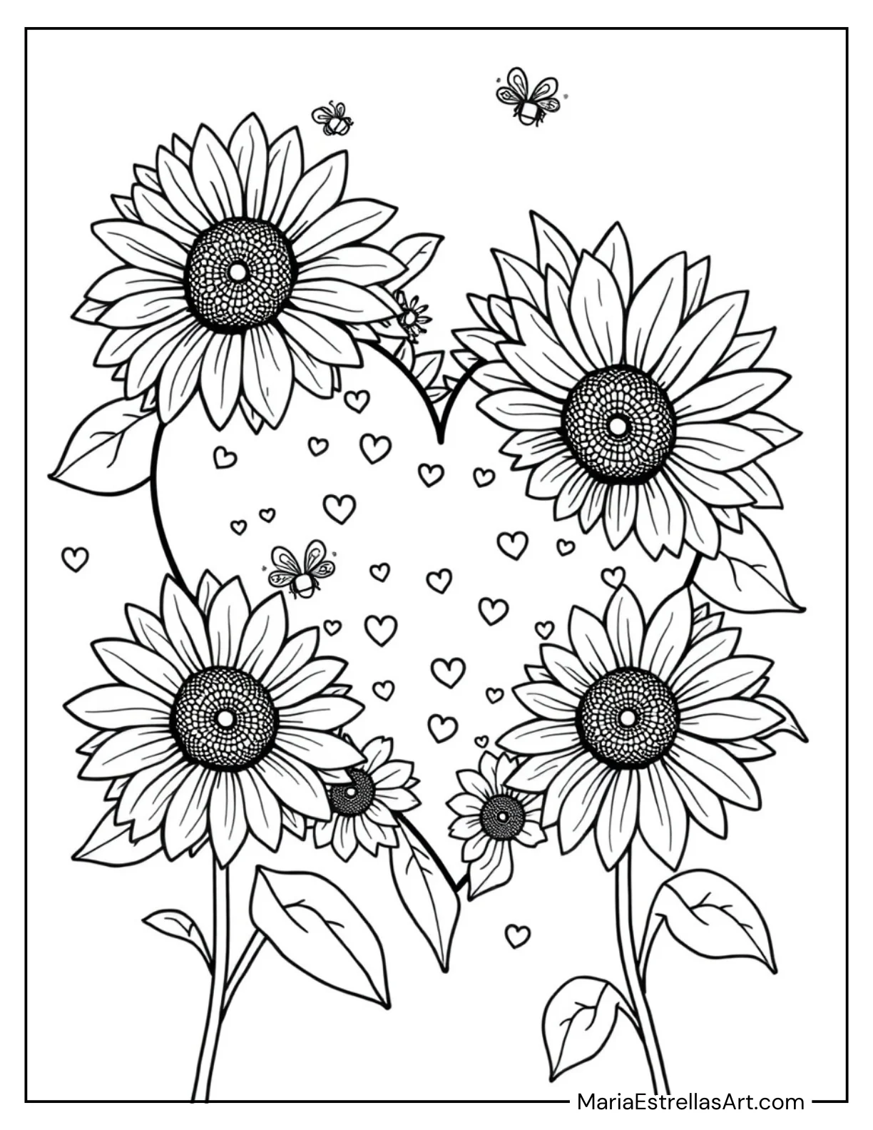 Heart Framed by Sunflowers and Bees Coloring Sheet