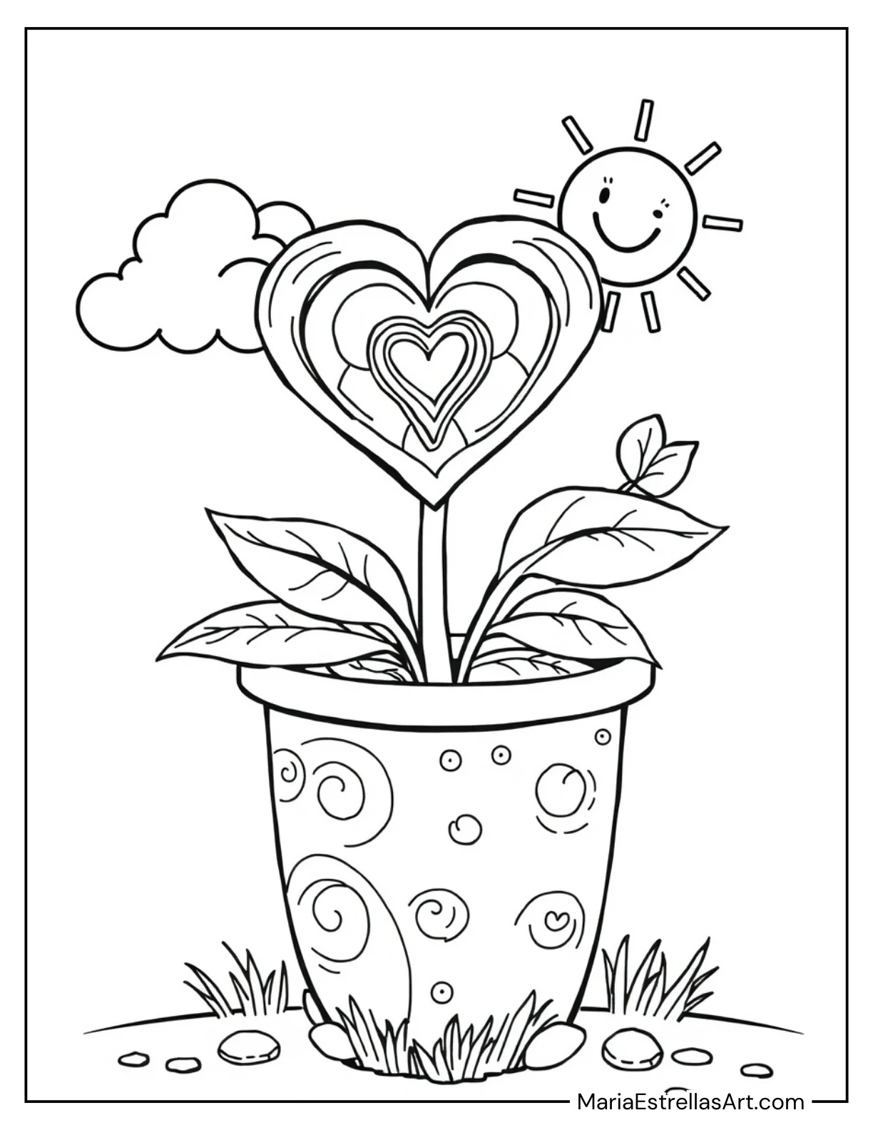 Heart Growing From a Flower Pot Coloring Sheet