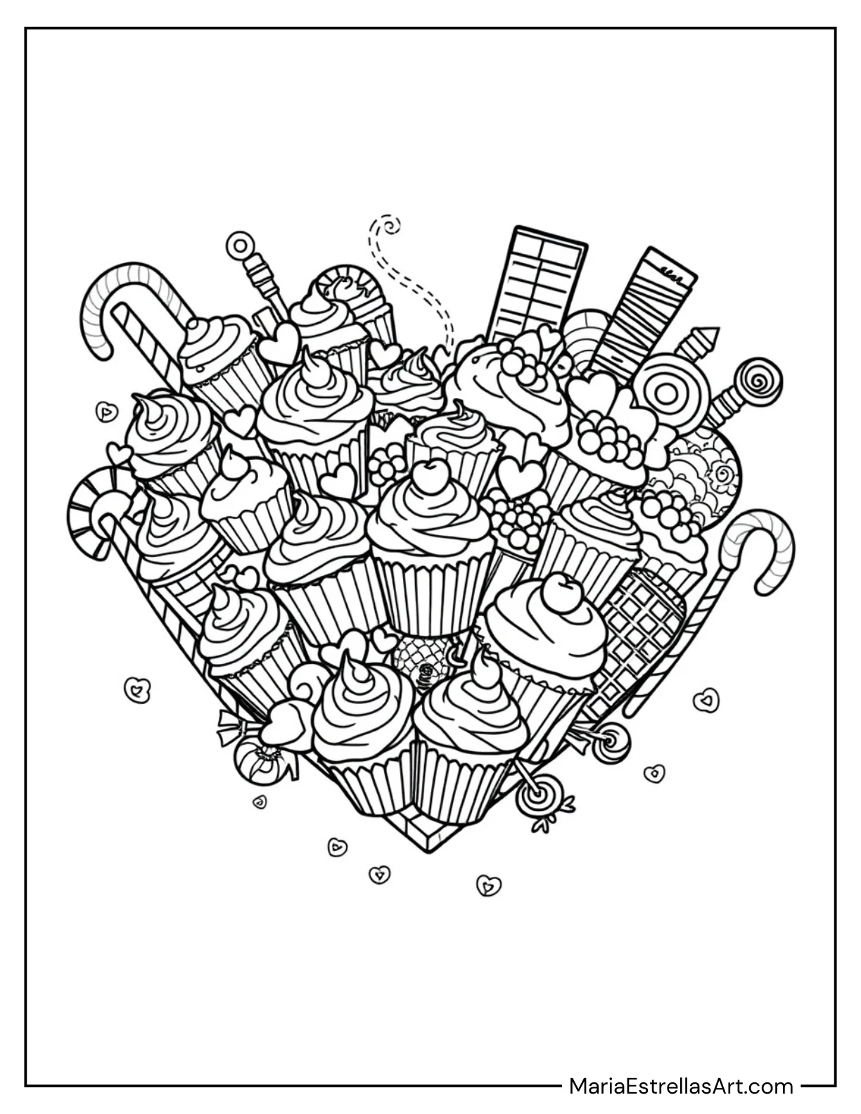 Heart Made of Cupcakes and Desserts to Color for Kids