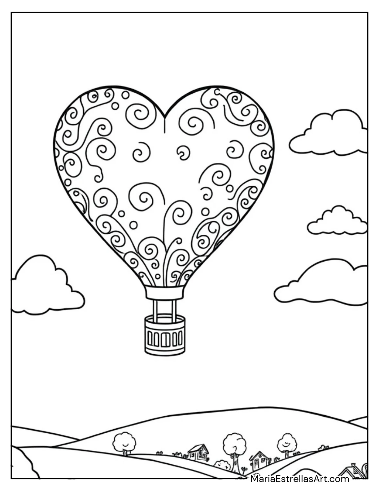 Heart-Shaped Hot Air Balloon to Color for Kids