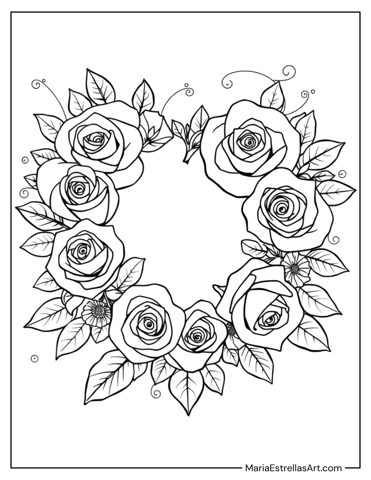 Heart-Shaped Wreath Made of Roses Coloring Sheet