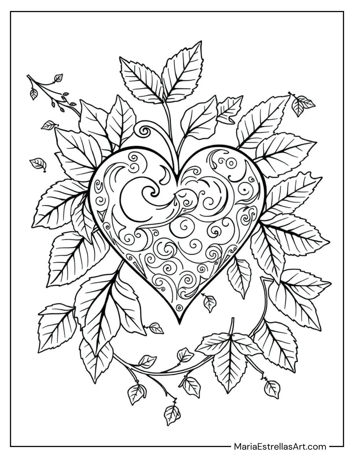 Heart Surrounded by Autumn Leaves to Color for Kids