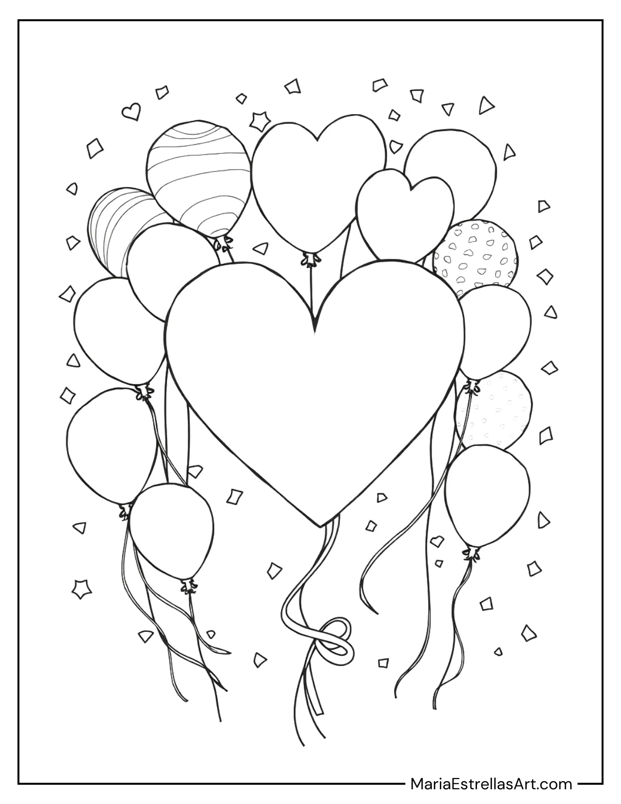 Heart Surrounded by Balloons and Confetti to Color for Kids