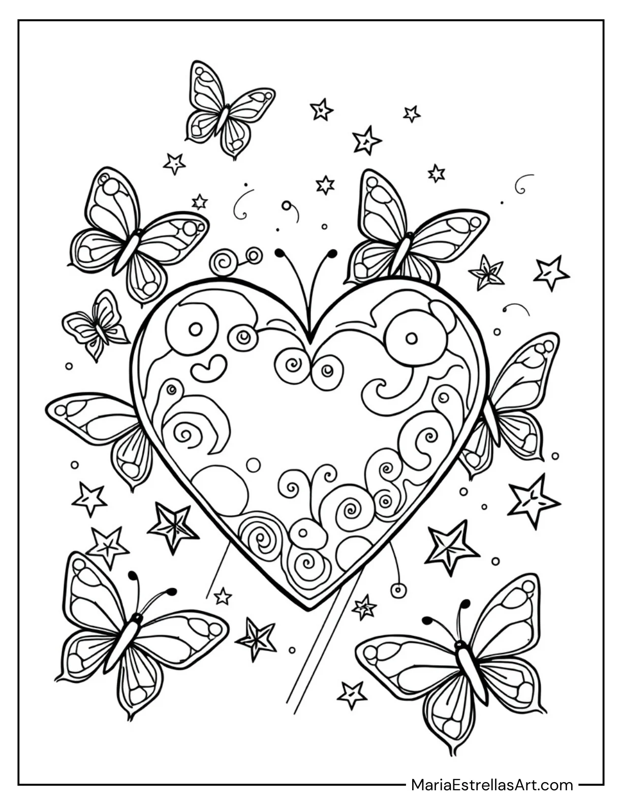 Heart Surrounded by Butterflies and Floating Stars Coloring Page