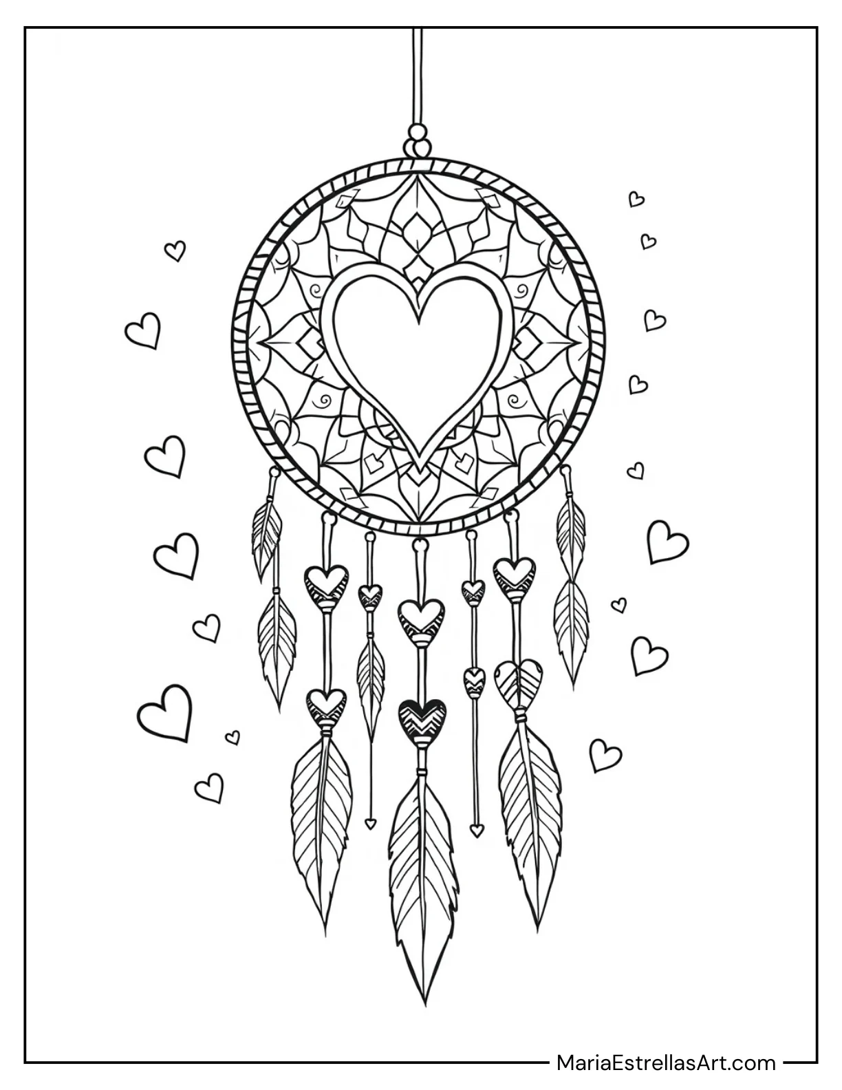 Heart-Themed Dreamcatcher Valentine's Coloring Sheet