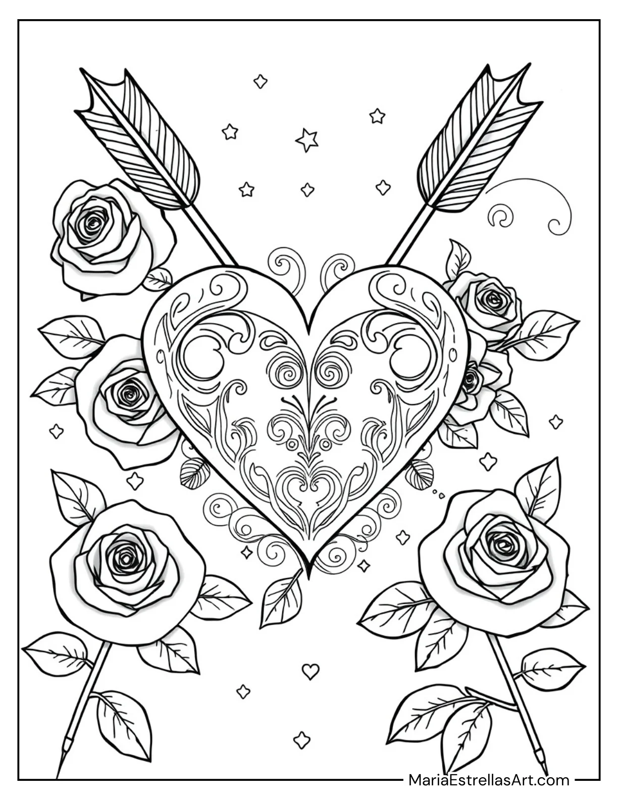 Heart With Arrows and Roses for Valentine’s Day Coloring Sheet