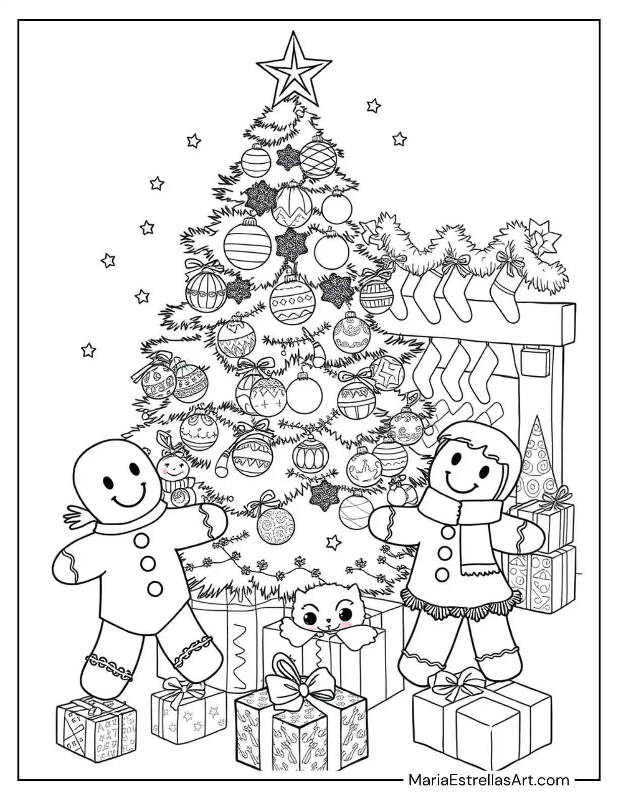 Holiday Cheer Christmas Tree with Gingerbread Men Coloring Page