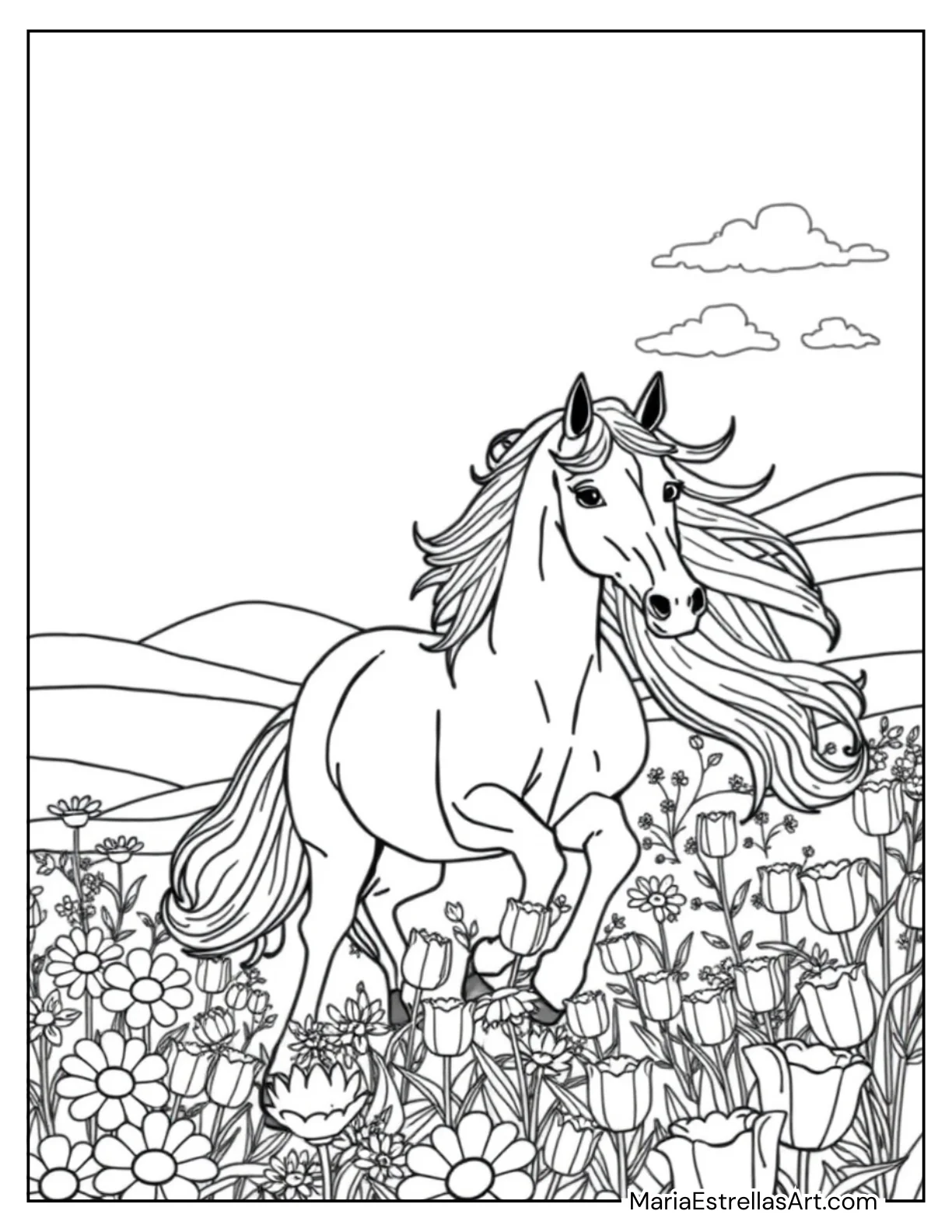 Horse Galloping Through a Field of Flowers Coloring Page