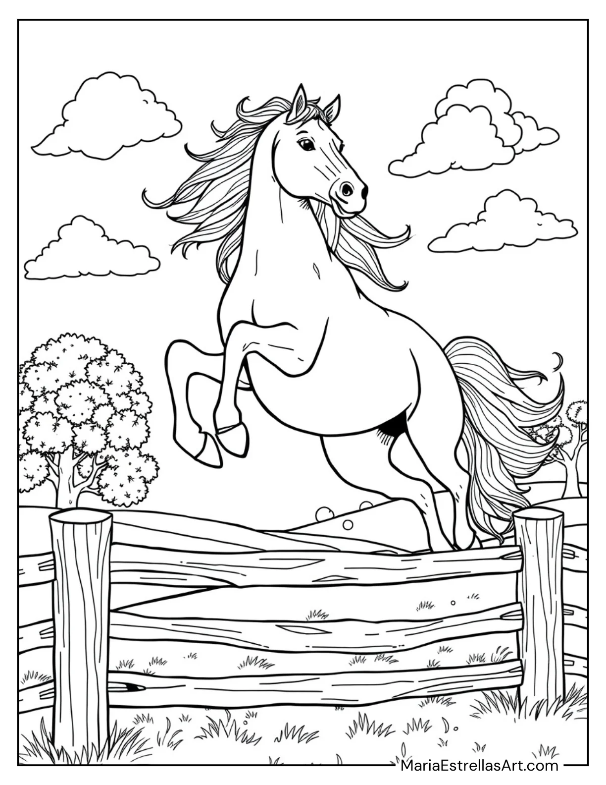 Horse Leaping Over a Fence Coloring Page