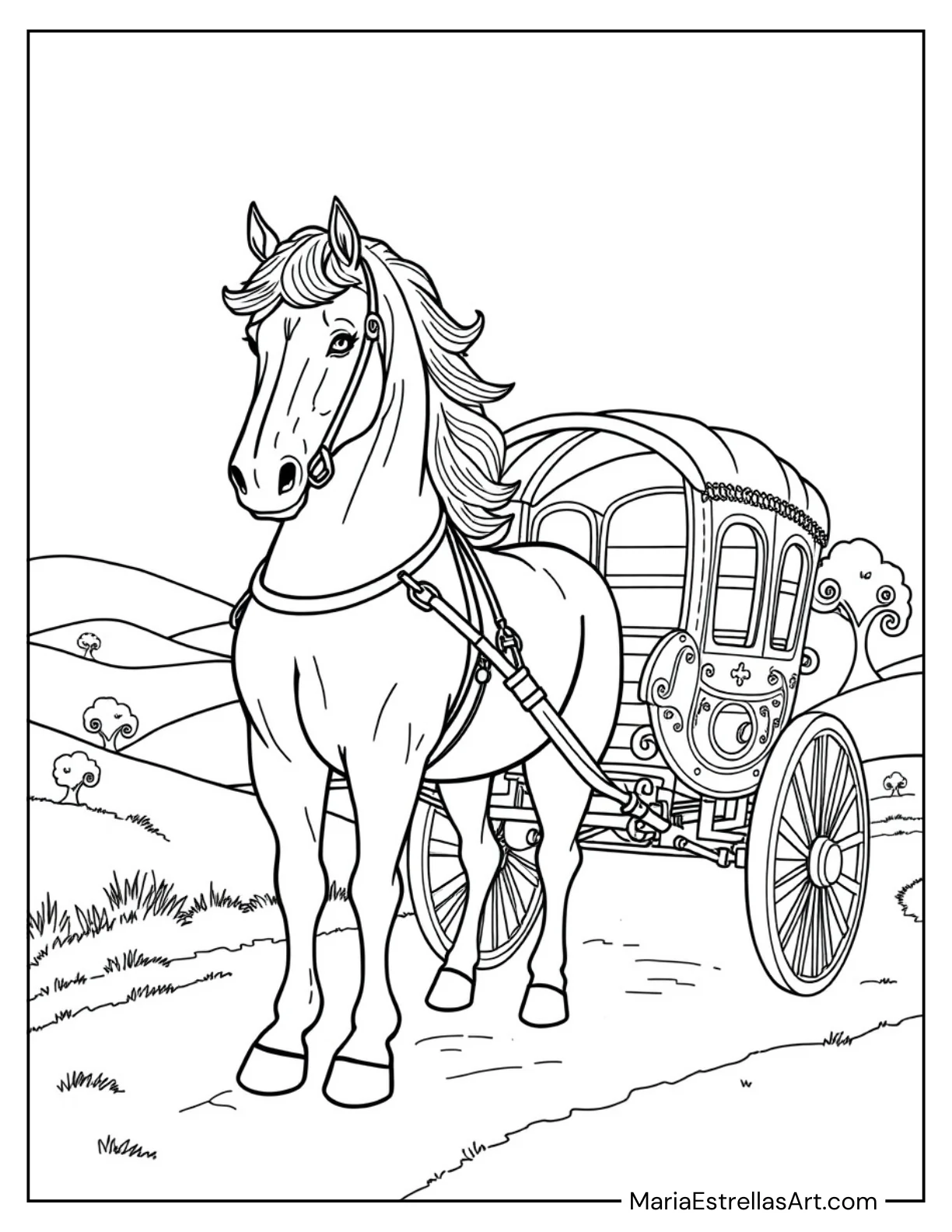 Horse Pulling a Traditional Carriage Coloring Page