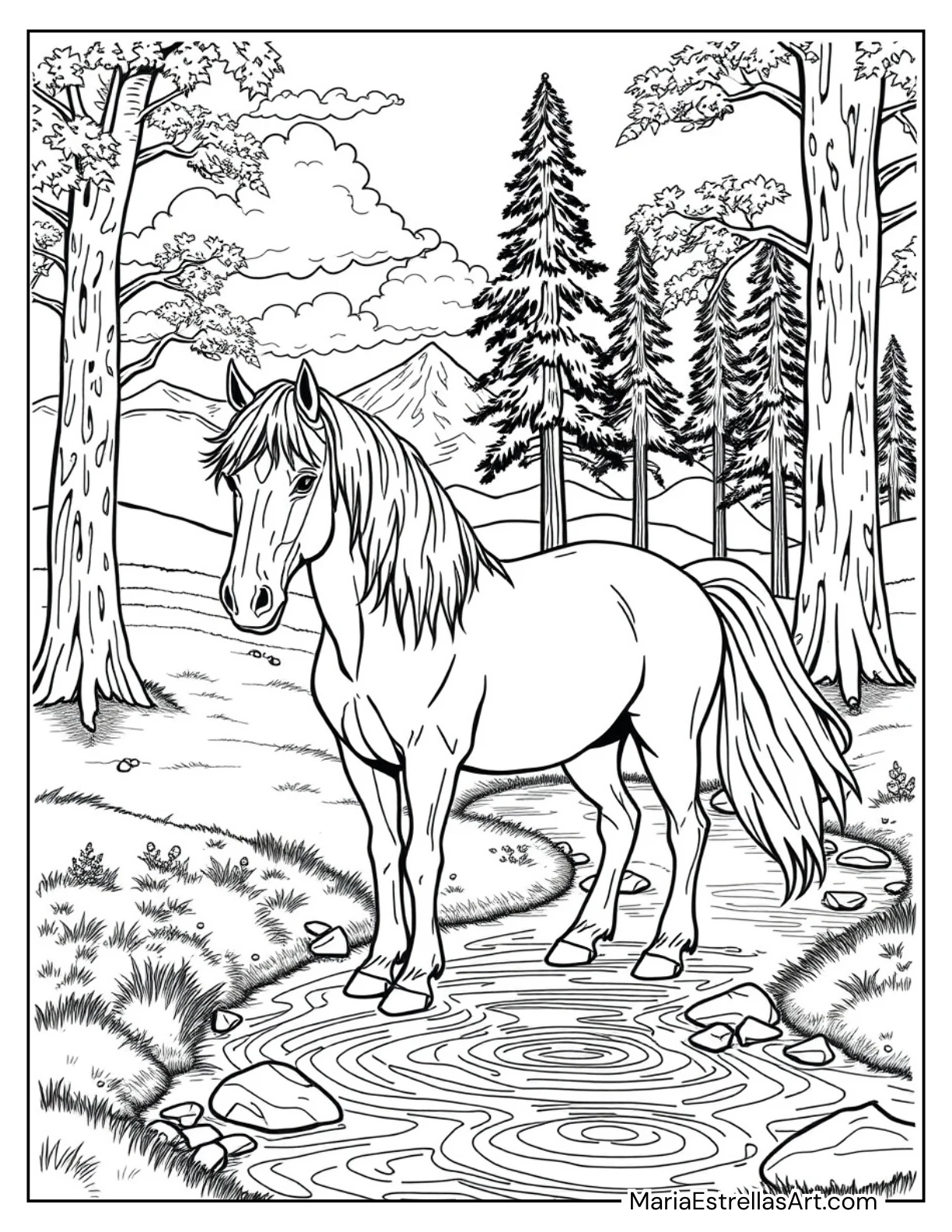 Horse Standing on a Stream to Color for Kids