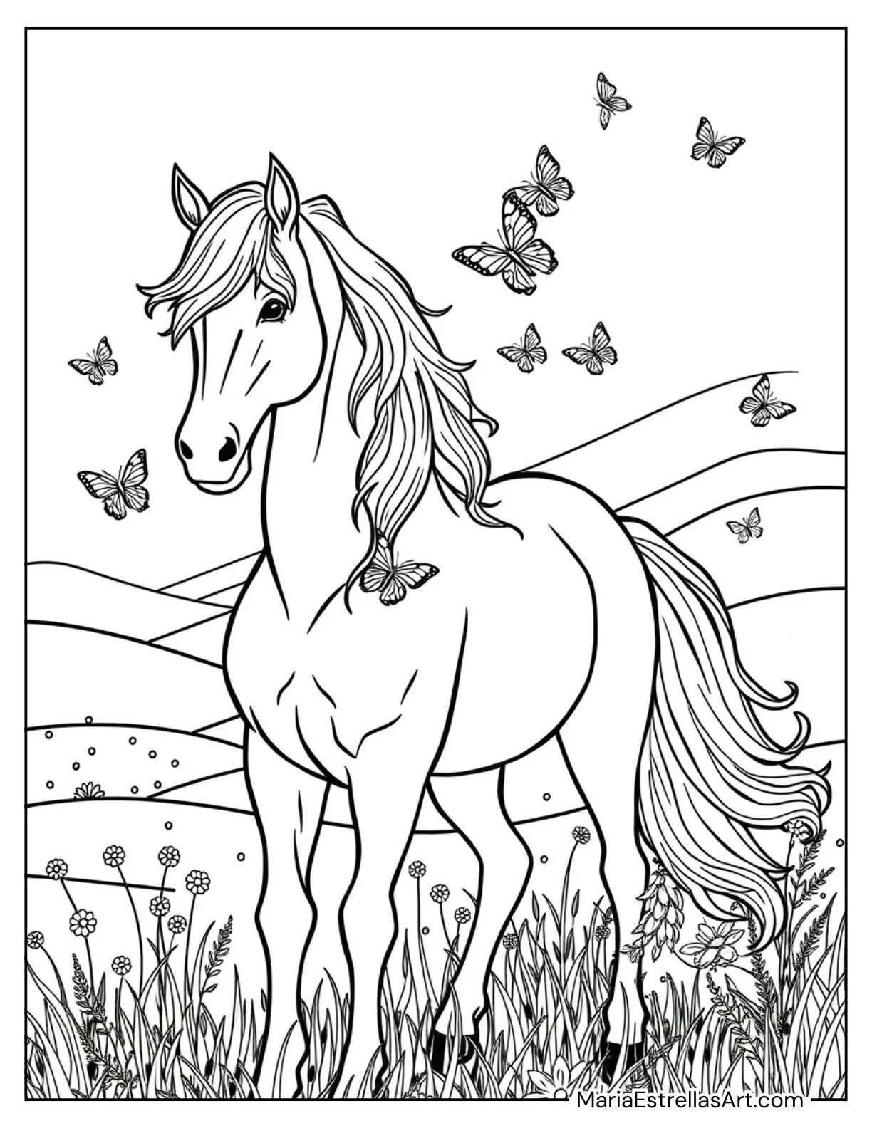 Horse Surrounded by Butterflies to Color for Kids