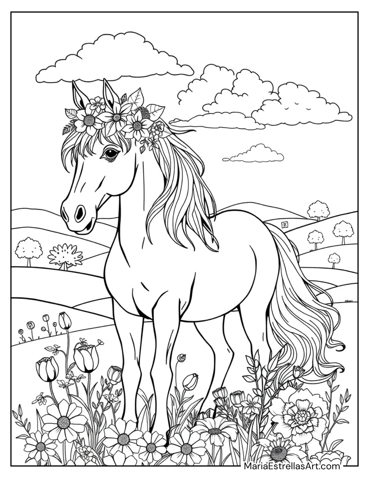 Horse With a Crown of Flowers to Color for Kids