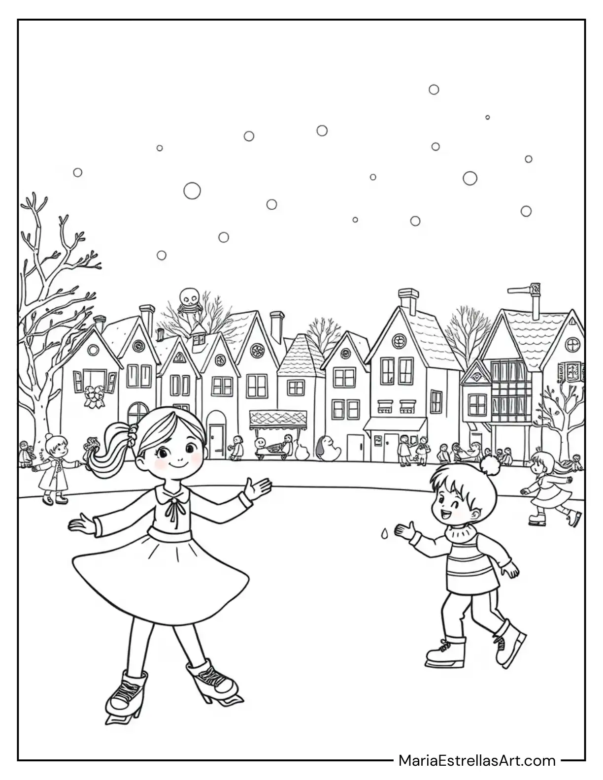 Ice Skating Rink with Cozy Town Backdrop Coloring Page